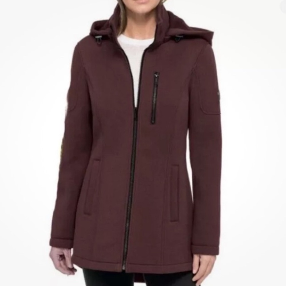 Burgundy Scuba Fitted Ponte Knit Jacket Removeable Hood sz Medium EUC